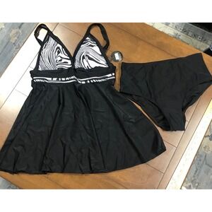 Mooncore Women's XL Black Zebra Print Halter Neck Skirted Swimsuit Set